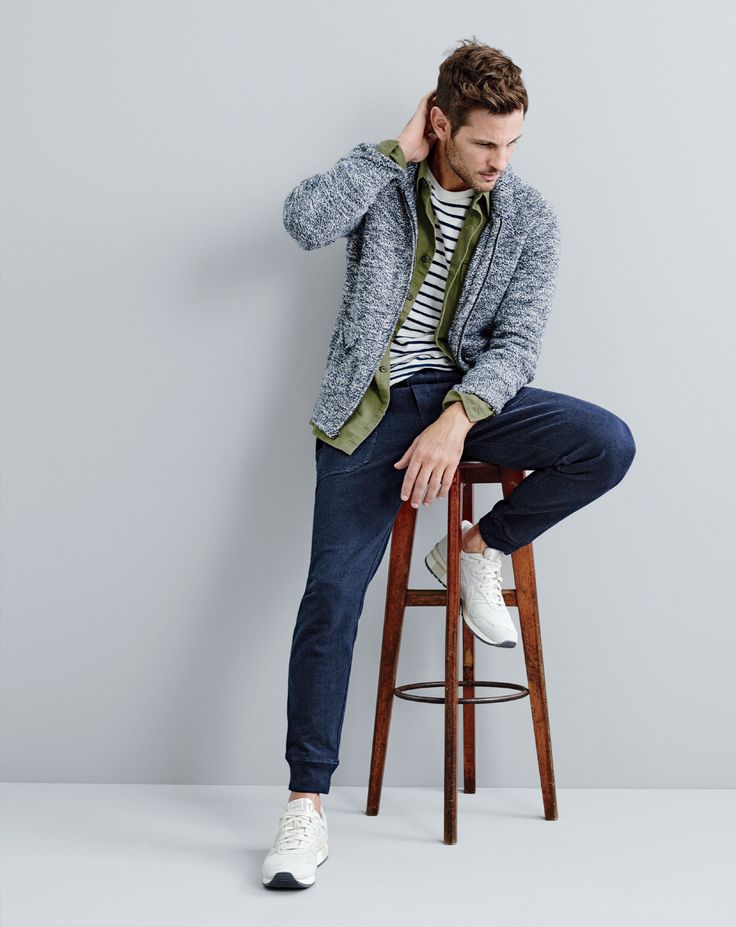 J.Crew men’s marled cotton full-zip sweater, Wallace & Barnes military field shirt, long-sleeve deck stripe T-shirt, utility jogger in cotton jersey and Onitsuka Tiger® Tiger Alliance™ sneakers.