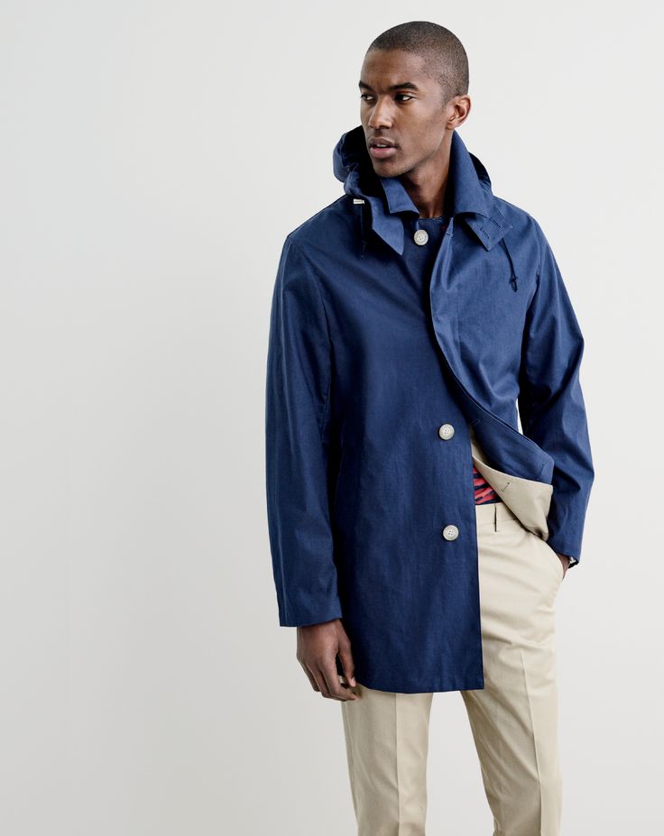 J.Crew men’s Traditional Weatherwear™ hooded Derby raincoat, Ludlow suit jacket in Italian chino, heathered T-shirt in warm red stripe and Ludlow suit pant in Italian chino. 