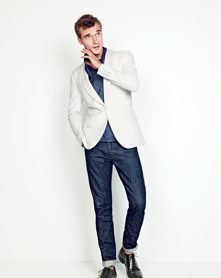 Try elevating your jeans outfit with a dinner jacket and dress shoes. 
