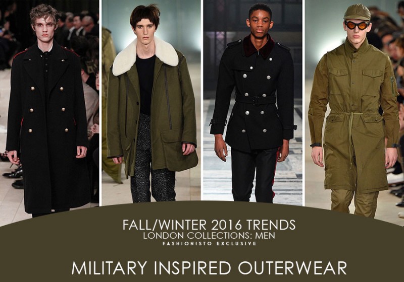 London Collections: Men Fall/Winter 2016 Military Inspired Outerwear Trend | Pictured Left to Right: Burberry, Casely-Hayford, Alexander McQueen and Maharishi » Fall's Fashion Trends from London Collections: Men London Collections: Men Fall/Winter 2016 Military Inspired Outerwear Trend | Pictured Left to Right: Burberry, Casely-Hayford, Alexander McQueen and Maharishi
