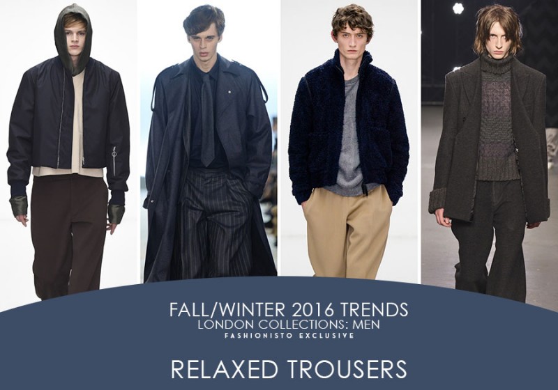 London Collections: Men Fall/Winter 2016 Relaxed Trousers Trend | Pictured Left to Right: Agi & Sam, E.Tautz, Lou Dalton and Topman Design. » Fall's Fashion Trends from London Collections: Men London Collections: Men Fall/Winter 2016 Relaxed Trousers Trend | Pictured Left to Right: Agi & Sam, E.Tautz, Lou Dalton and Topman Design.