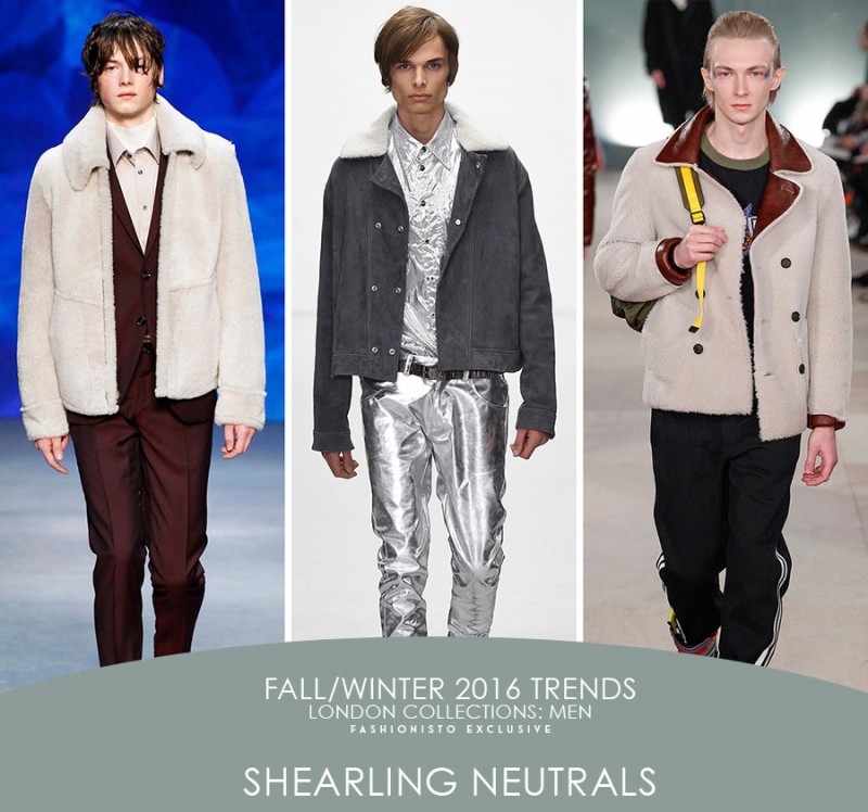 London Collections: Men Fall/Winter 2016 Shearling Neutrals | Pictured Left to Right: Tiger of Sweden, Katie Eary and James Long. » Fall's Fashion Trends from London Collections: Men London Collections: Men Fall/Winter 2016 Shearling Neutrals | Pictured Left to Right: Tiger of Sweden, Katie Eary and James Long.