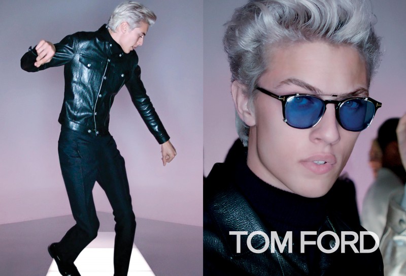 Wearing a trendy leather jacket, Lucky Blue Smith dances up a storm in Tom Ford's spring-summer 2016 campaign.