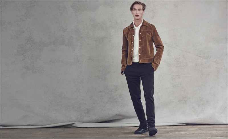 Point-collar suede jacket and cotton and linen-blend twill trousers, both by Maison Margiela. Piqué polo shirt by Paul Smith. Intrecciato leather low-top trainers by Bottega Veneta.