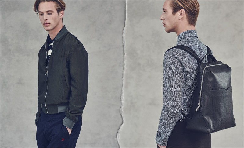 LEFT: Technical bomber jacket by Paul Smith. Striped polo shirt by Loewe. Zip-leg track pants by Alexander McQueen. RIGHT: Herringbone-print shirt by Maison Margiela. Zip-around leather backpack by Valextra. Stirling slim-leg wool-blend trousers by Burberry London.