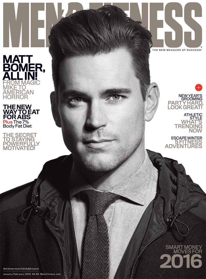 In an alternative cover, Matt Bomer is captured in a black & white image for Men's Fitness.