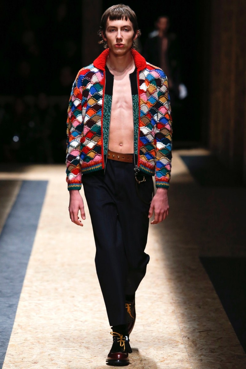 Prada embraces a colorful all-over pattern for a charming knit moment for fall-winter 2016.