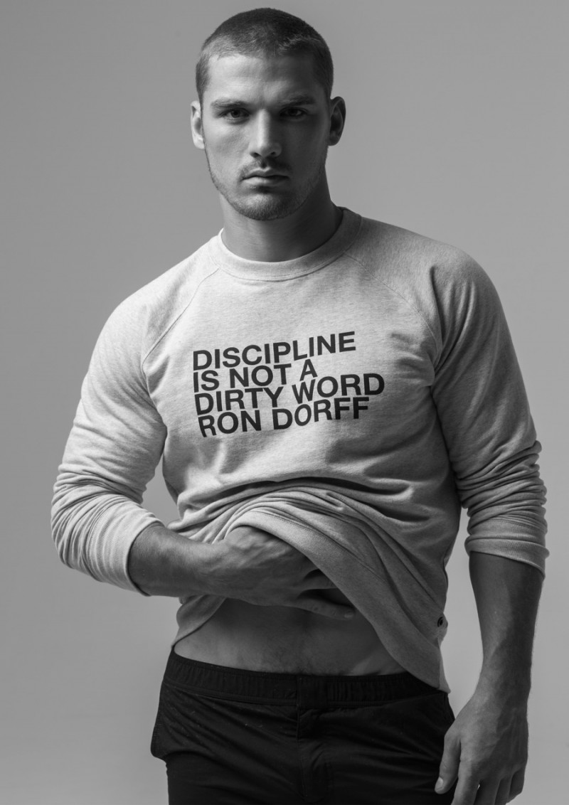 Kerry Degman models one of Ron Dorff's signature slogan tops.