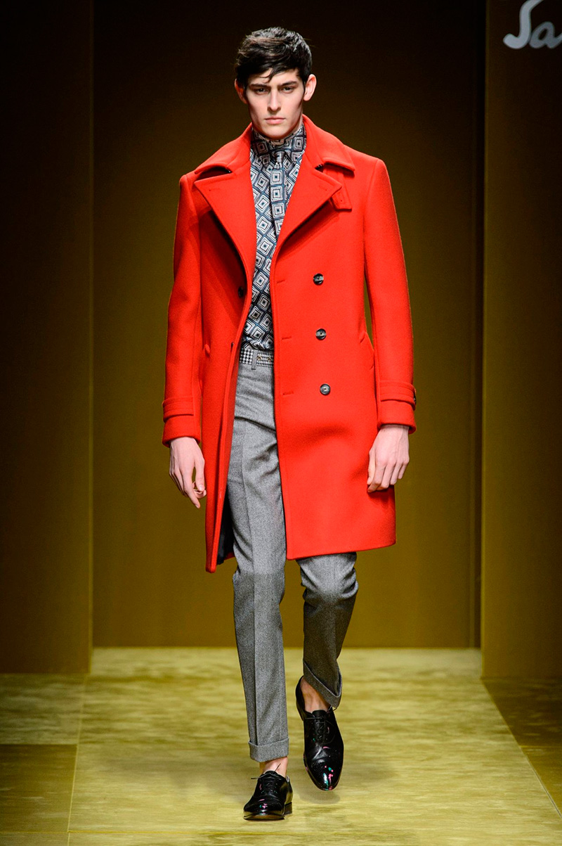 Red brings a bold edge to fall outerwear from Salvatore Ferragamo.