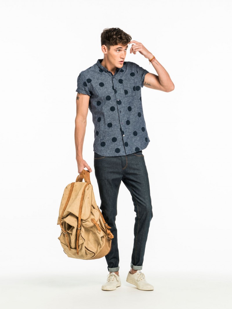 Model Isaac Carew wears Scotch & Soda Short-Sleeved Polka Dot Shirt