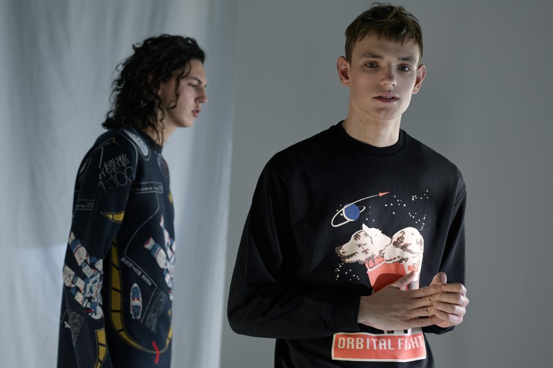 Space Cadets | From left: LOEWE wool sweatshirt; JW ANDERSON dog-print sweatshirt