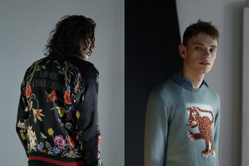 Gucci Chic | From left: GUCCI tiger jumper; flower-embroidered shirt and silk bomber