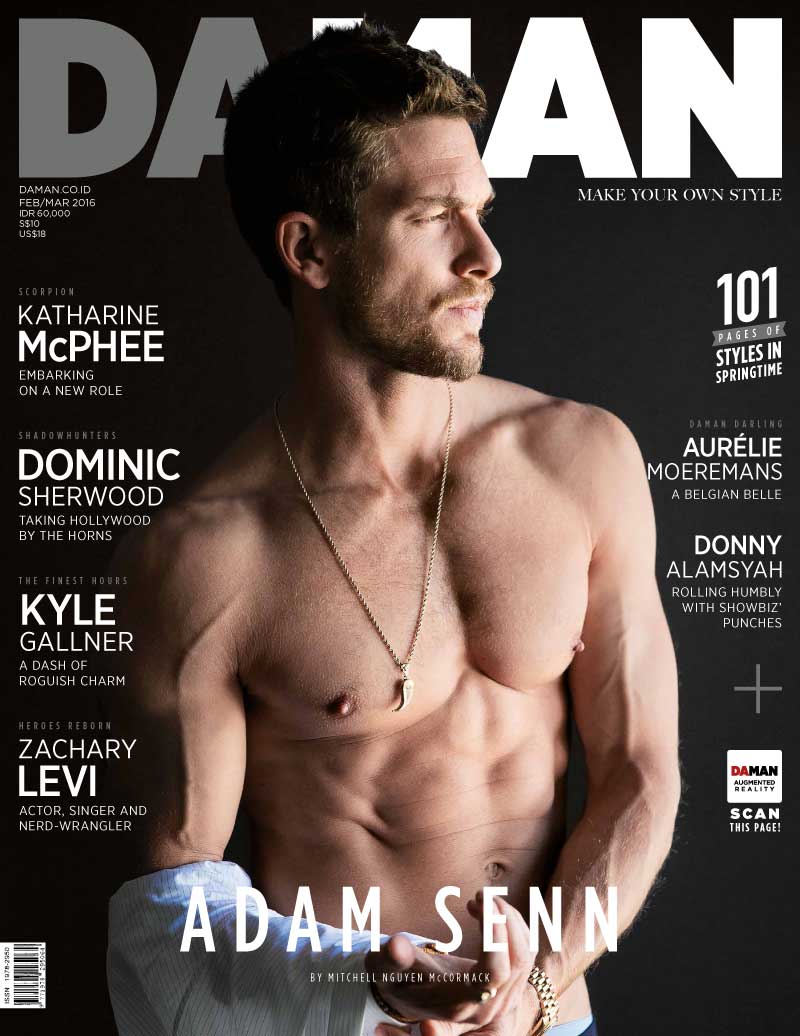 Adam Senn goes shirtless for the February/March 2016 cover of DA MAN.