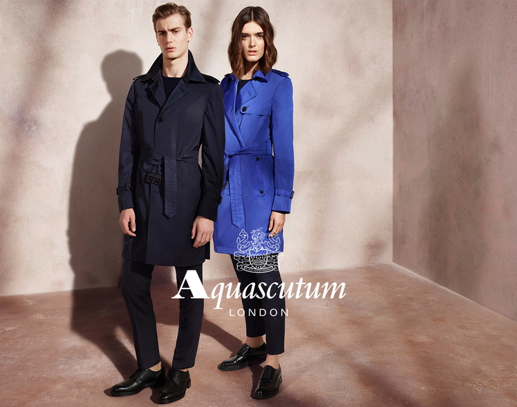 Aquascutum's spring-summer 2016 campaign featuring models Ben Allen and Anouk Hagemeijer.