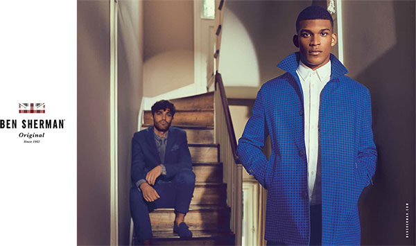 Ibrahim Van Den Berg sports a vibrant blue coat for Ben Sherman's spring-summer 2016 campaign.