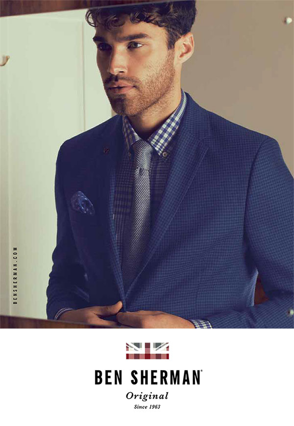 Elliot Conway dons a striking navy suit for Ben Sherman's spring-summer 2016 campaign.