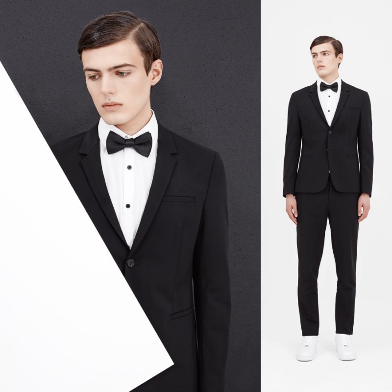 Oliver wears shirt River Island, white sneakers NIKE, slim-cut suit and bow-tie COS.