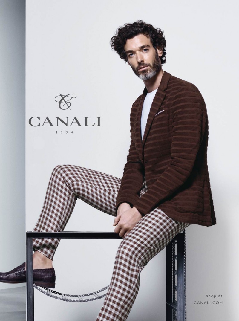 Richard Biedul models a terry brown jacket with check trousers for Canali 1934's spring-summer 2016 campaign.