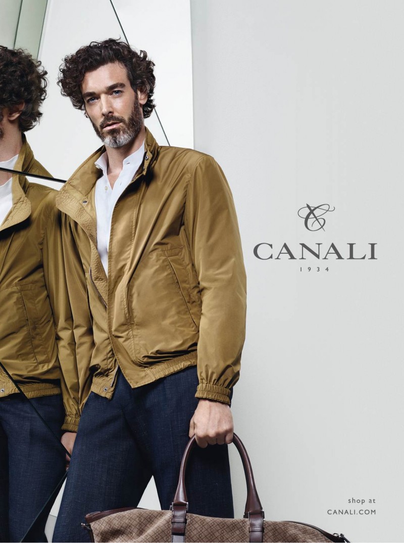 Richard Biedul goes semi-casual in a light brown jacket for Canali 1934's spring-summer 2016 campaign.