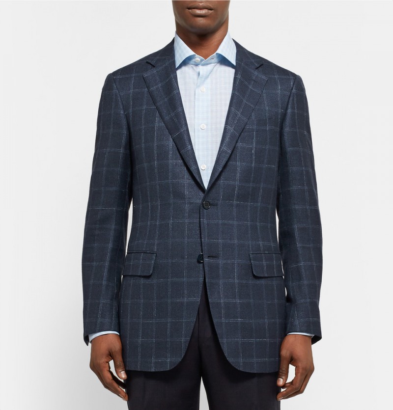 Canali Navy Checked Wool & Silk Linen Blend Blazer