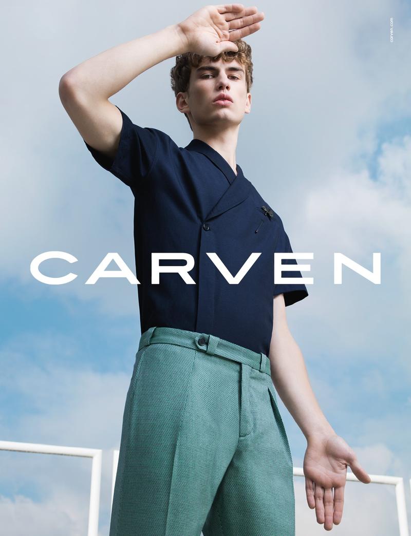 Model Sam Heijblom wears a wool-linen kimono slim-fit shirt for Carven's spring-summer 2016 campaign.