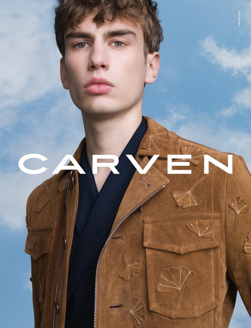 Model Sam Heijblom wears an embellished suede jacket for Carven's spring-summer 2016 campaign.