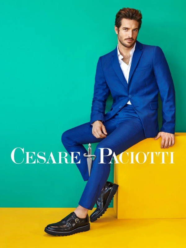 Justice Joslin charms in a striking blue suit for Cesare Paciotti's spring-summer 2016 campaign.