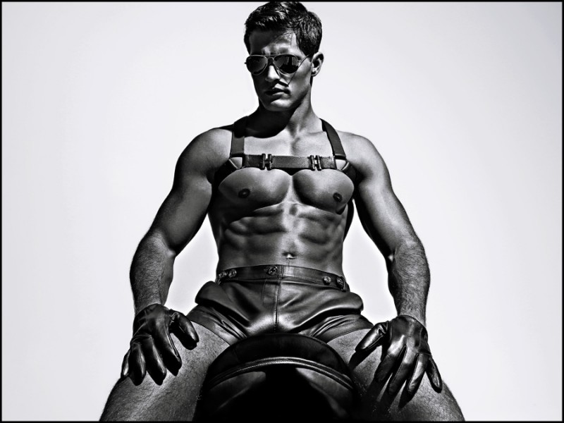 Promoting Charlie by Matthew Zink's new leather collection, Diego Miguel embraces a bondage look.
