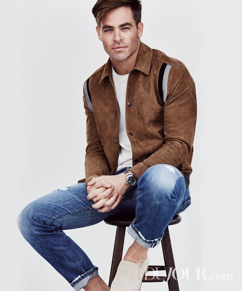 Chris Pine hits the studio, wearing a suede jacket from Lanvin with Levi's Vintage Clothing distressed denim jeans.