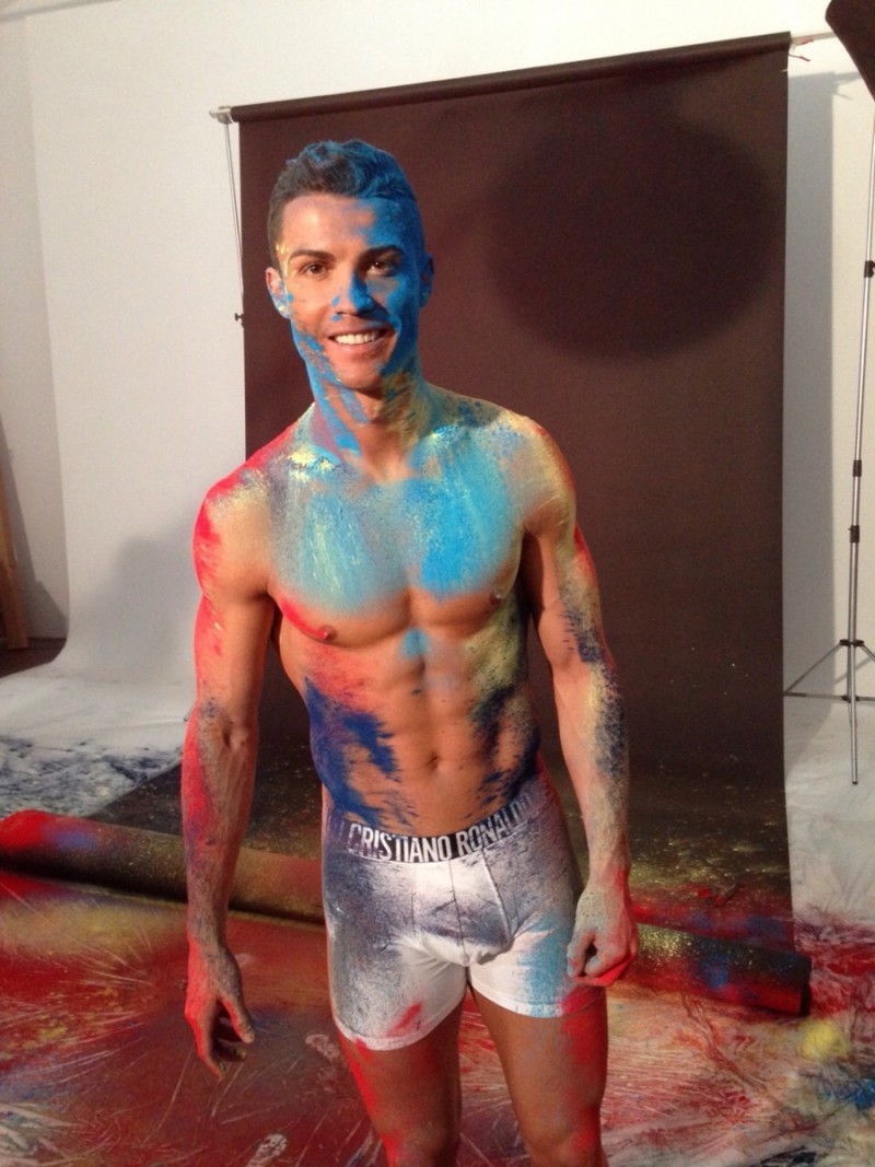 Cristiano Ronaldo is all smiles as he poses for a behind the scenes image for CR7 underwear.