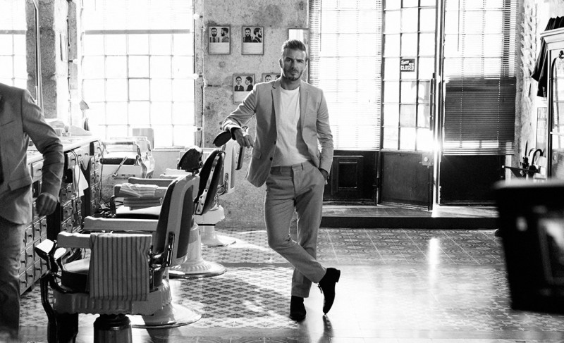 David Beckham embraces tailoring in H&M's sandy colored slim blazer.