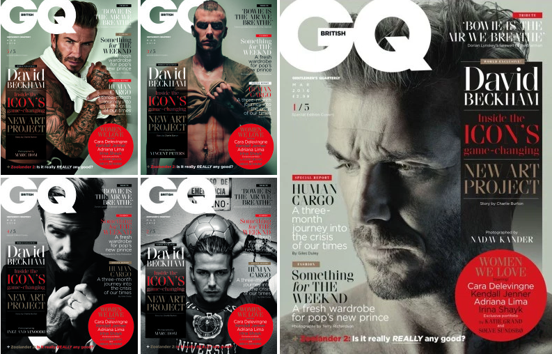 David Beckham covers the March 2016 issue of British GQ. » British GQ Celebrates David Beckham with 5 Covers David Beckham covers the March 2016 issue of British GQ.