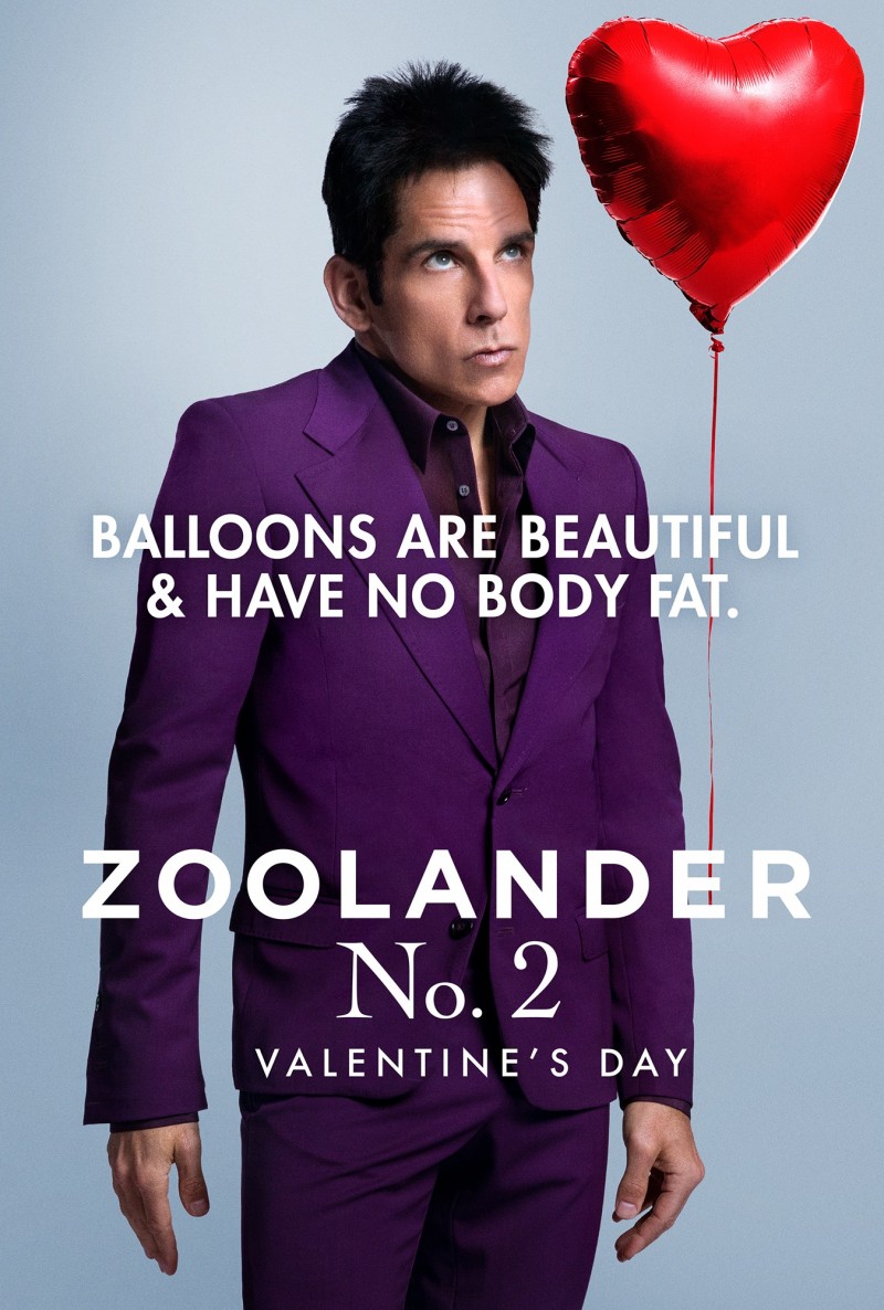 Donning a purple suit, Ben Stiller is Derek Zoolander for a Zoolander No. 2 Valentine's Day poster.