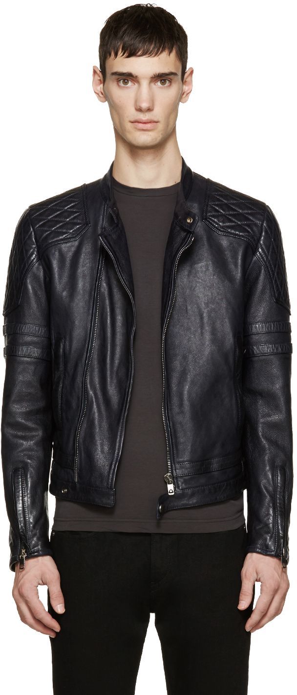 Diesel Black Gold Navy Leather Biker Jacket