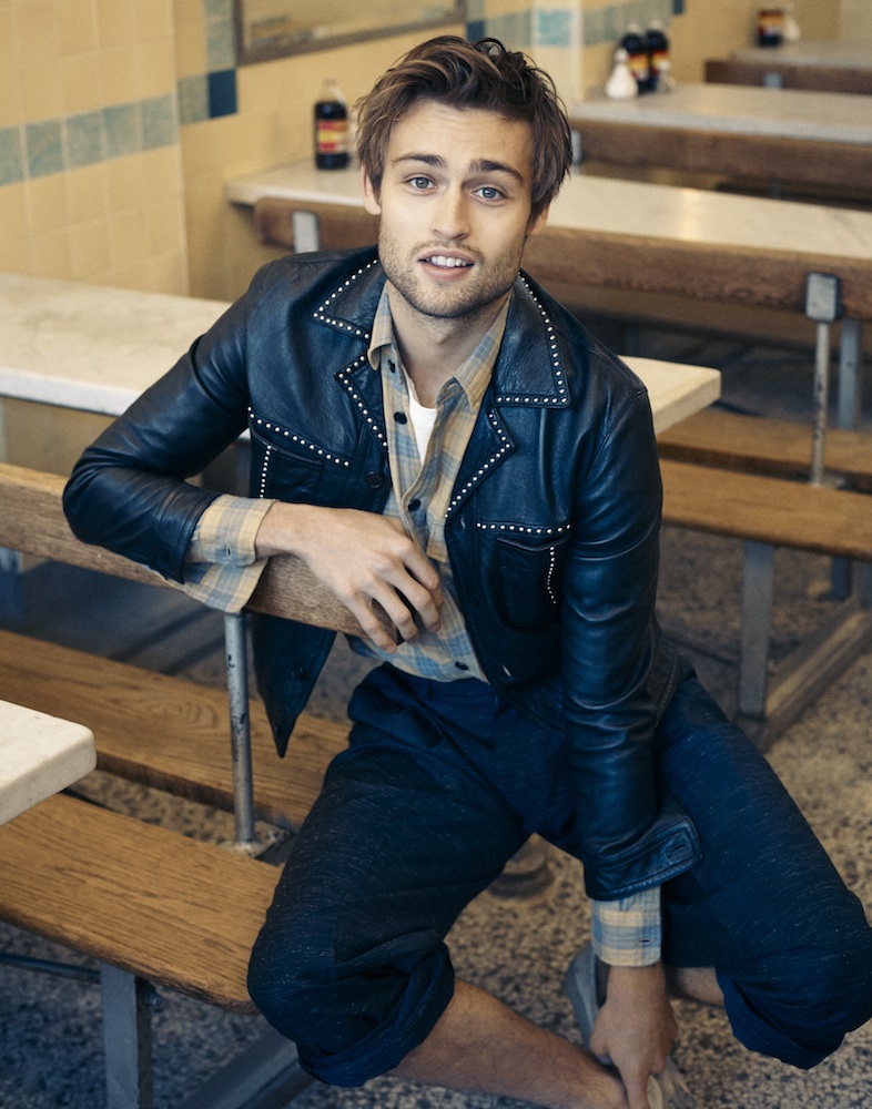 Douglas Booth wears pants Topman, button-down, t-shirt, leather jacket and shoes Saint Laurent.