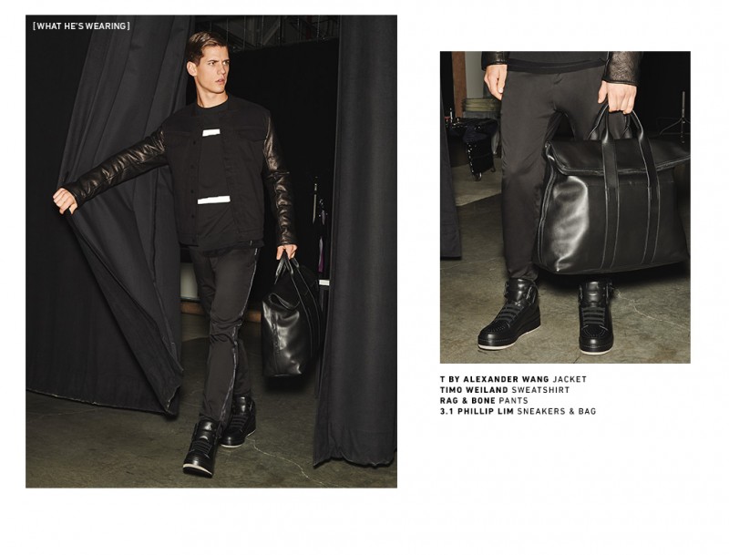 Nate Hill sports all black, wearing trendy streetwear-inspired fashions from the likes of T by Alexander Wang.