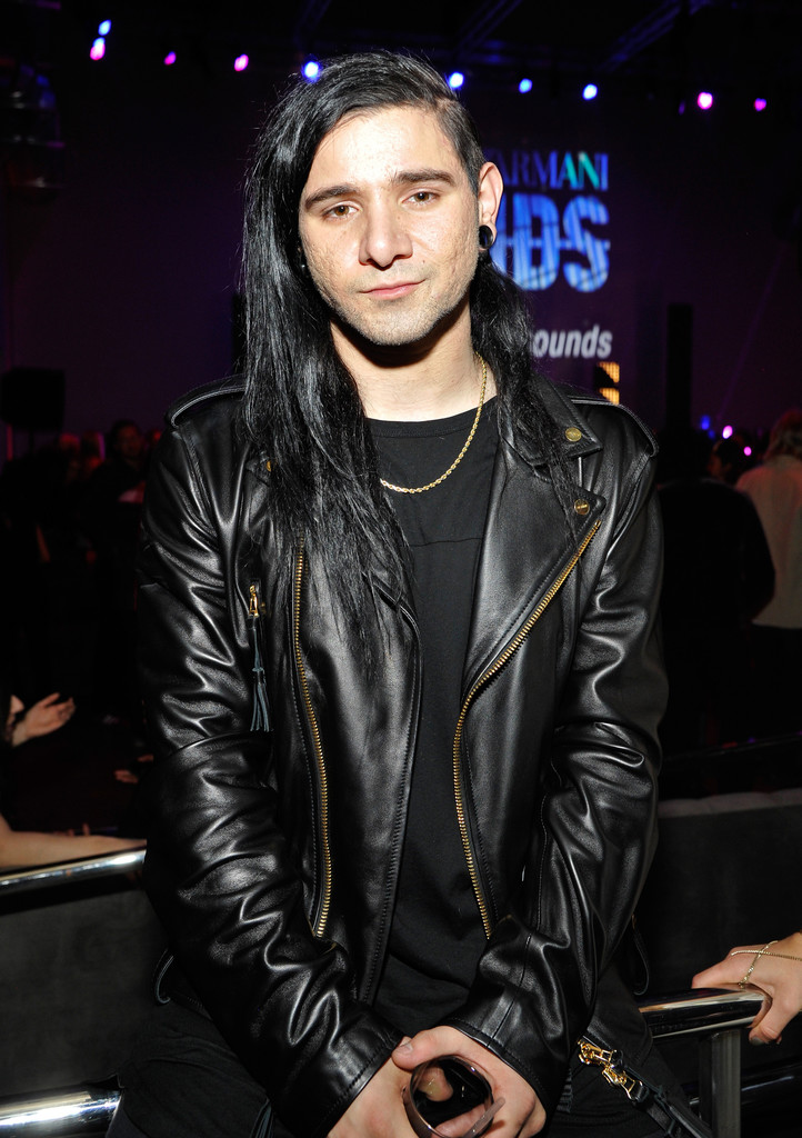 Skrillex sports a leather biker jacket to Emporio Armani Sounds.