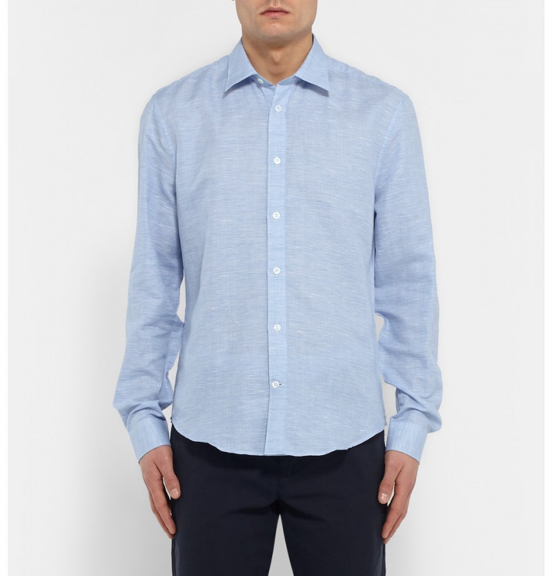 Gieves & Hawkes Blue Cutaway Collar Checked Linen Blend Shirt