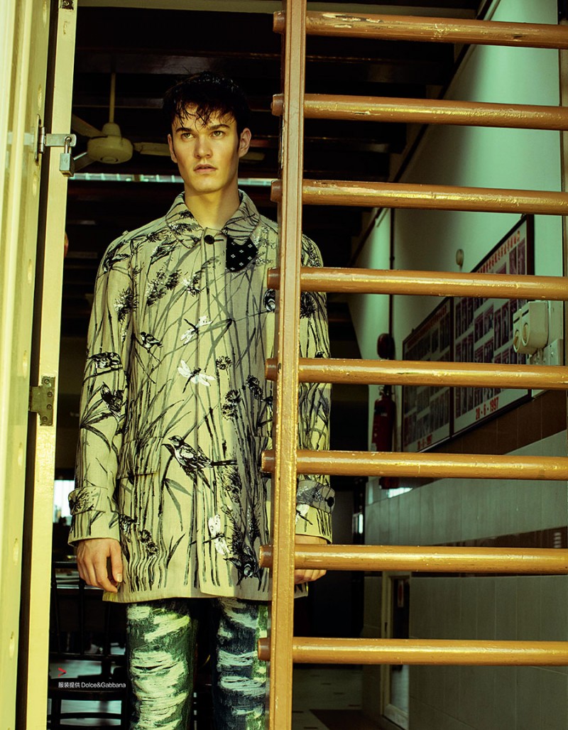 Charles Markham appears in Harper's Bazaar Man China, wearing a nature print look from Dolce & Gabbana.