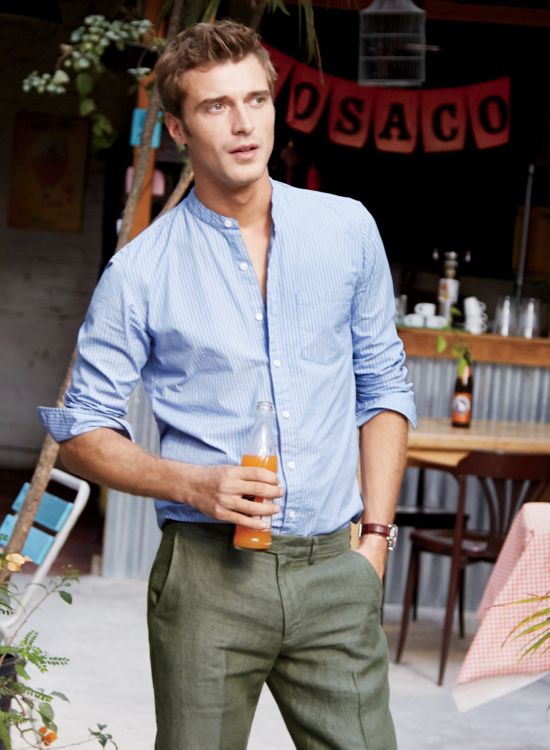 Clément Chabernaud models a band collar shirt for J.Crew's latest men's lookbook.