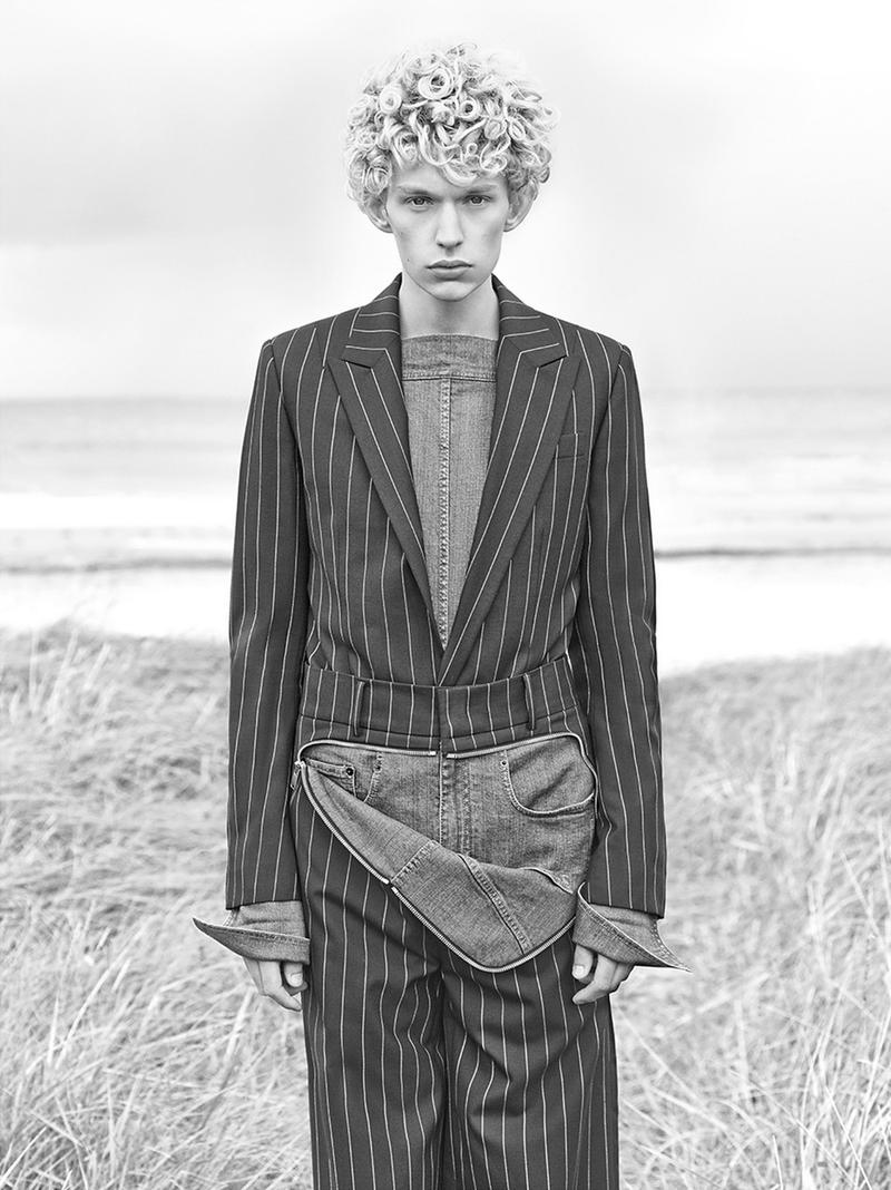 Bradley Phillips models a tailored pinstripe ensemble for Juun.J's spring-summer 2016 campaign.