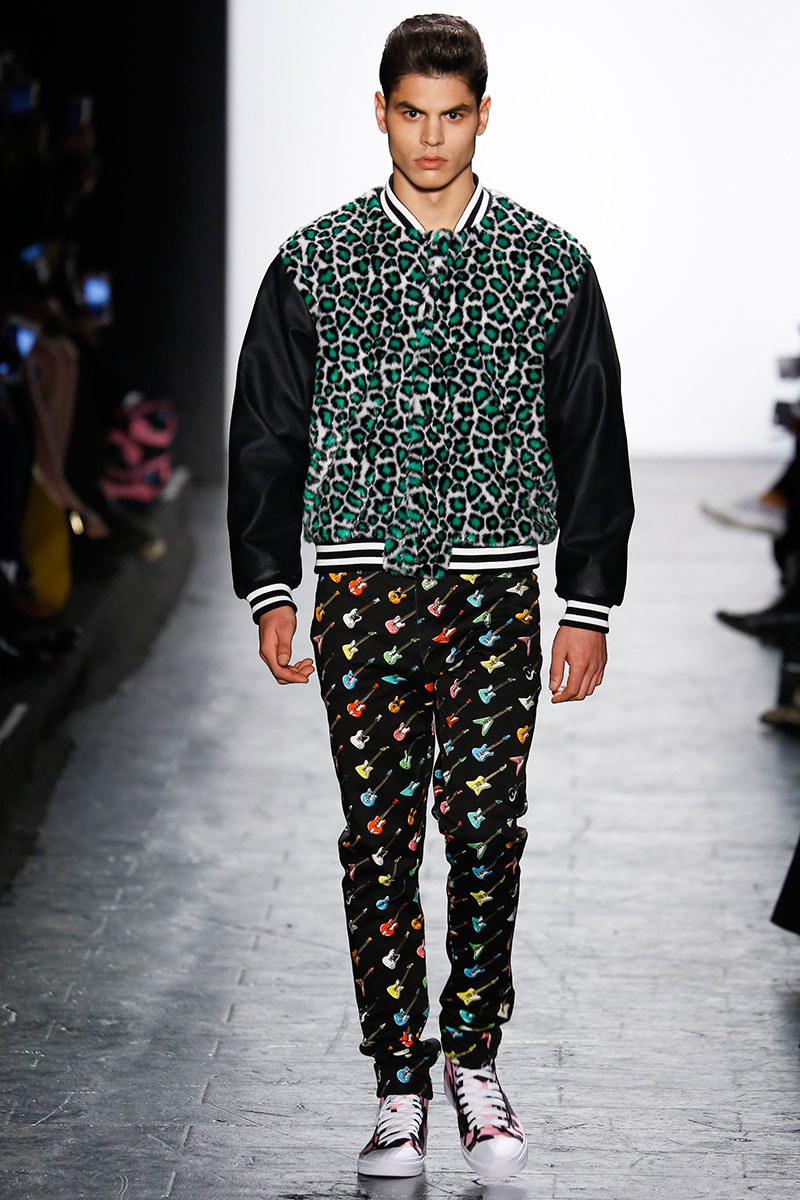Jeremy Scott mixes a bold leopard print with a patterned guitar motif for fall-winter 2016.