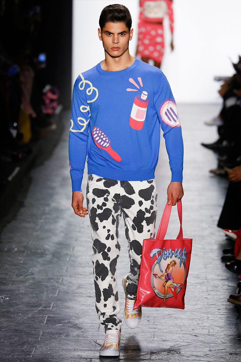 Jeremy Scott ups the camp factor with an homage to grooming products and a bold cow print.