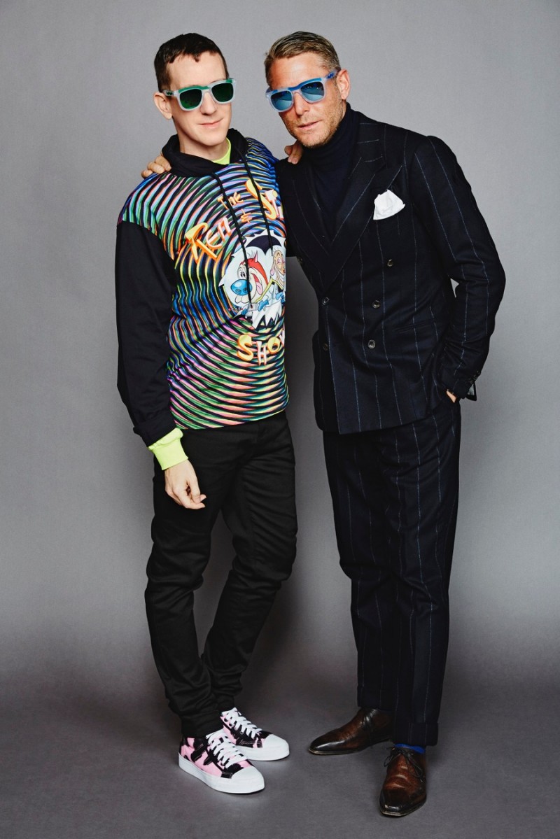 Designer Jeremy Scott and Italia Independent's Lapo Elkann pose for an image backstage.