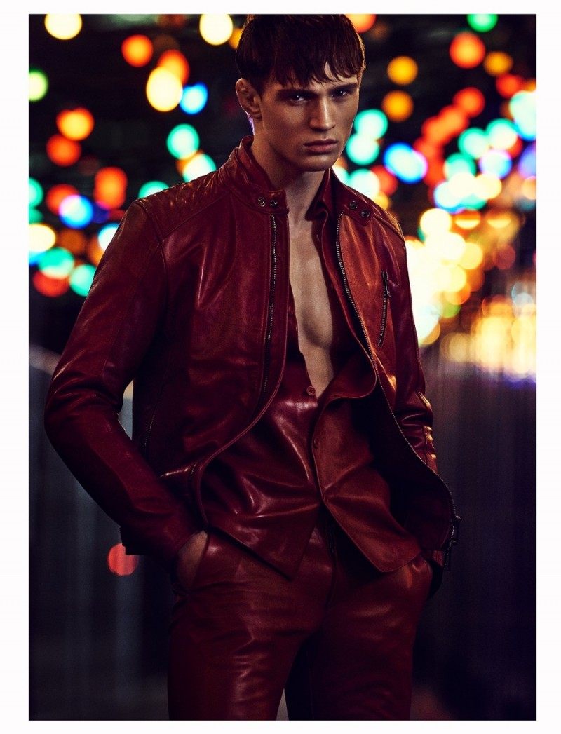 Julian Schneyder is a standout in a red leather outfit from Belstaff.