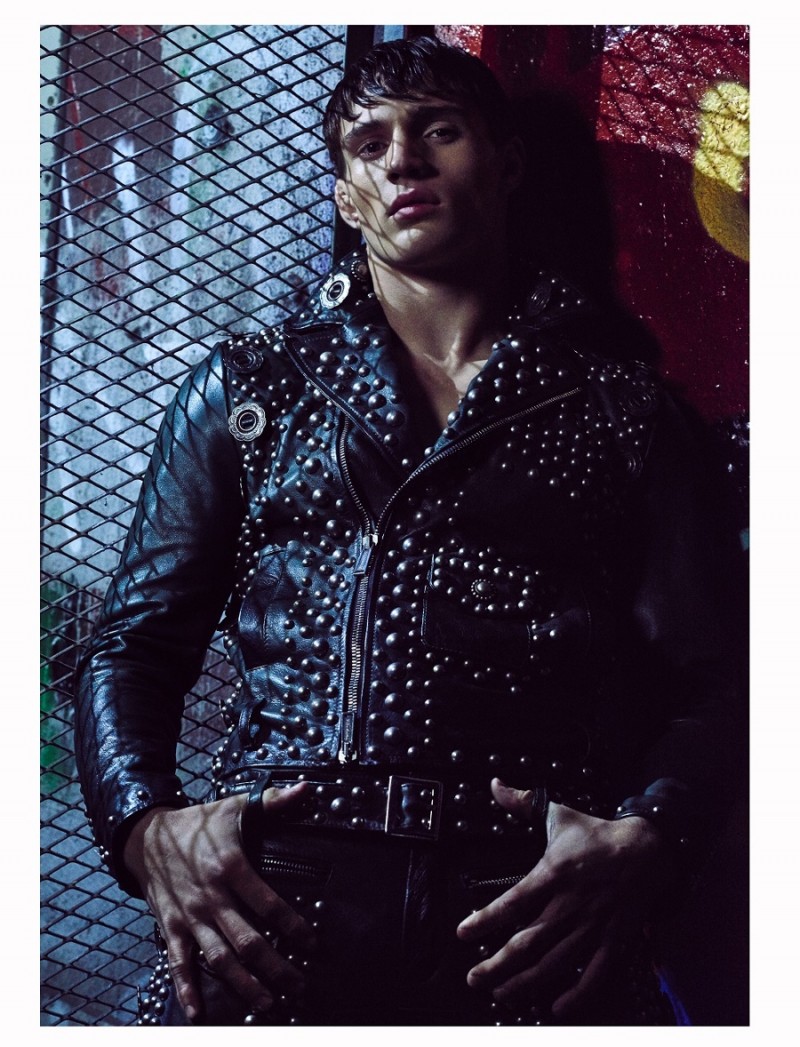 Julian Schneyder shows a studded edge in a leather ensemble from Dsquared2.