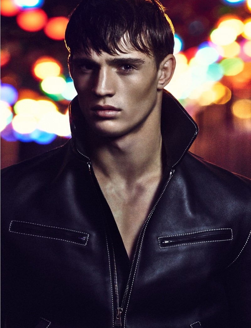 Julian Schneyder sports a Louis Vuitton leather jacket.