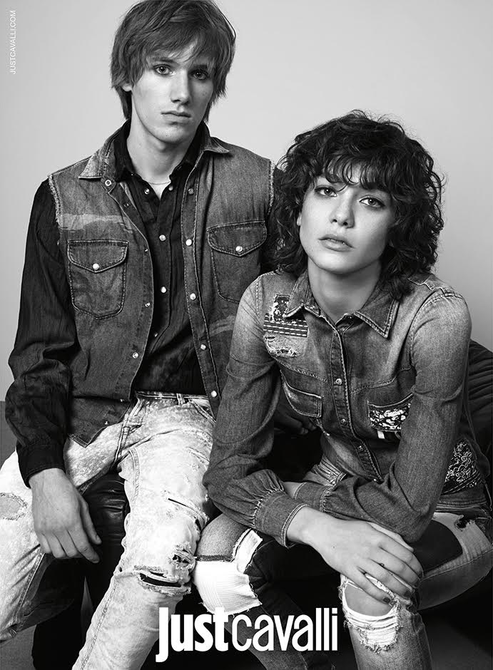 Models Louis Bauvir and Steffy Argelich don denim for Just Cavalli's spring-summer 2016 campaign.