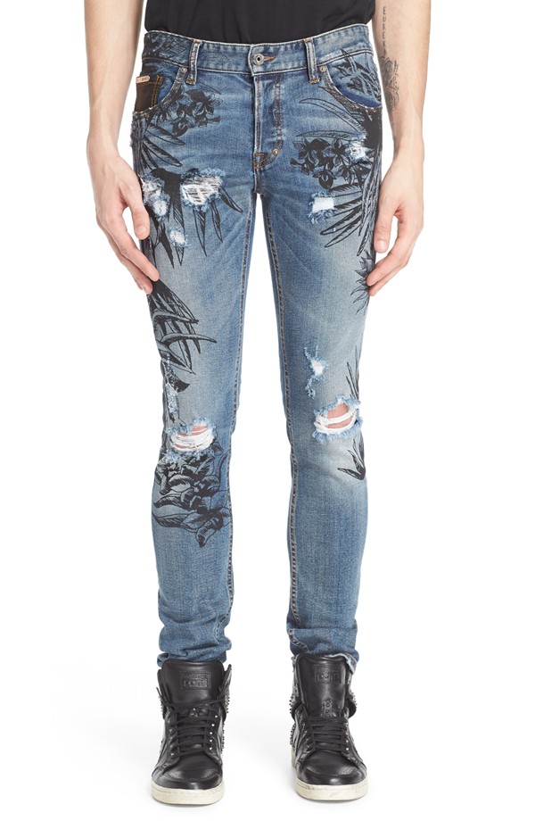 Just Cavalli Tropical Ink Distressed Skinny Jeans
