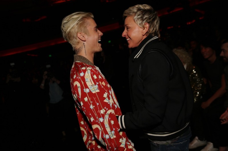 Justin Bieber and Ellen DeGeneres at Saint Laurent's fall-winter 2016 show in Los Angeles, California.